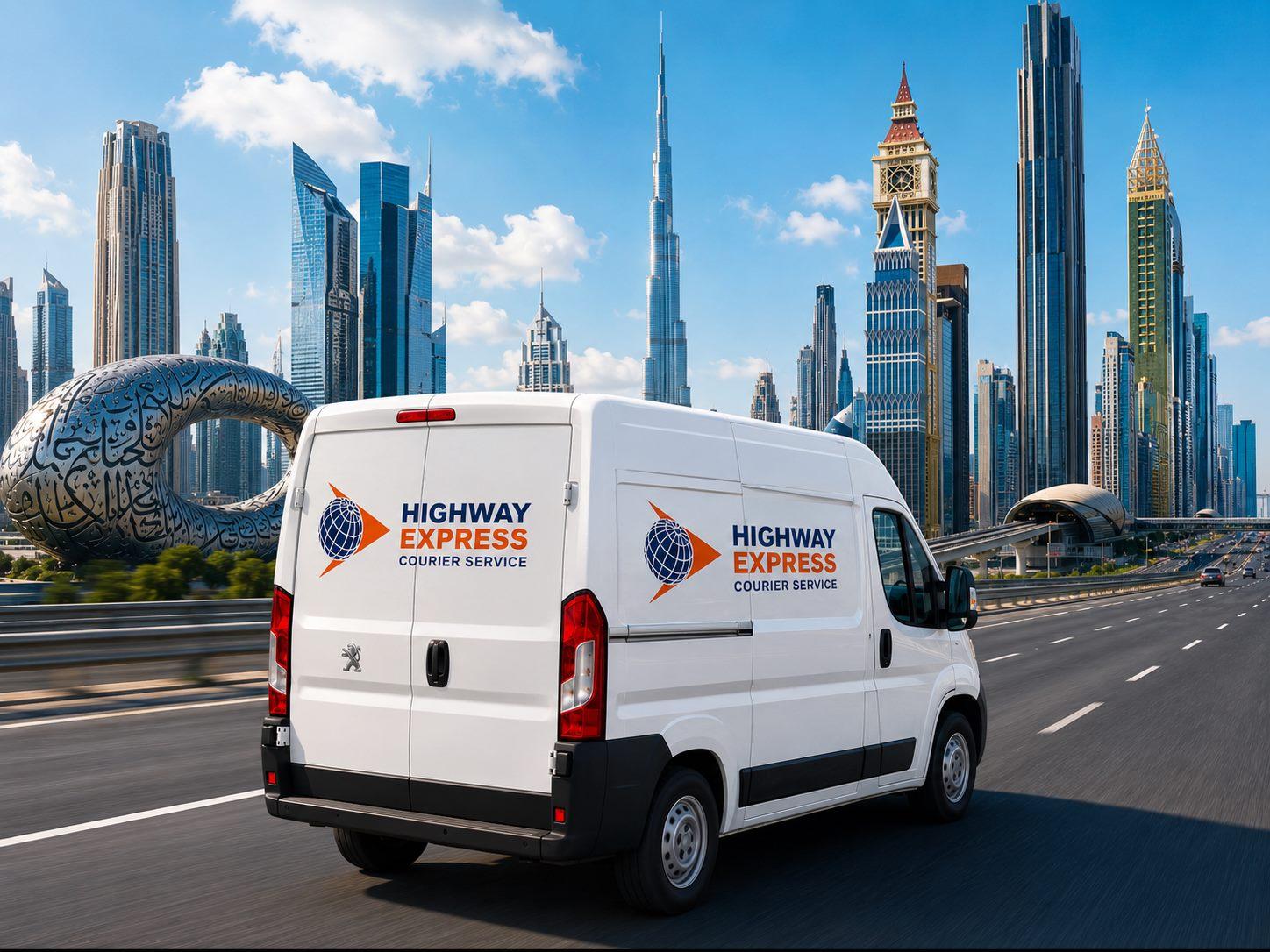Highway Express branded courier van on a Dubai highway, with the city skyline behind